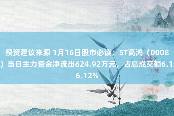 投资建议来源 1月16日股市必读：ST高鸿（000851）当日主力资金净流出624.92万元，占总成交额6.12%