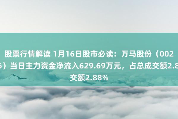 股票行情解读 1月16日股市必读：万马股份（002276）当日主力资金净流入629.69万元，占总成交额2.88%